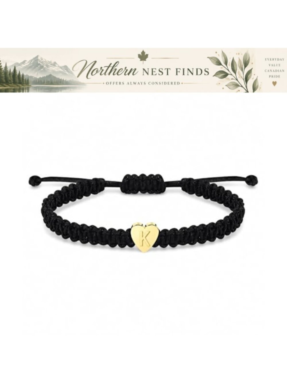 Initial Heart Charm Braided Cord Adjustable Bracelet for Women